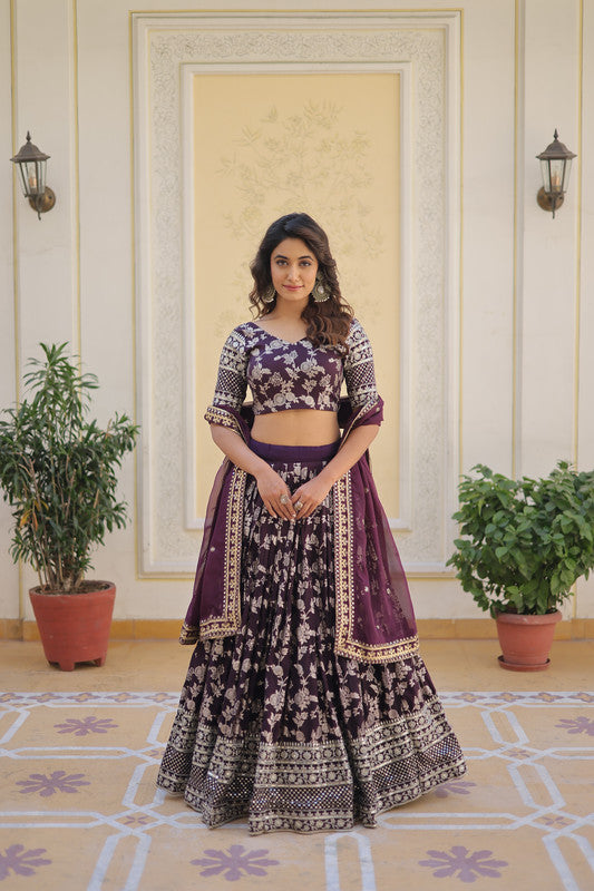 Women's Georgette Wine Lehenga Set - Aastha Fashion