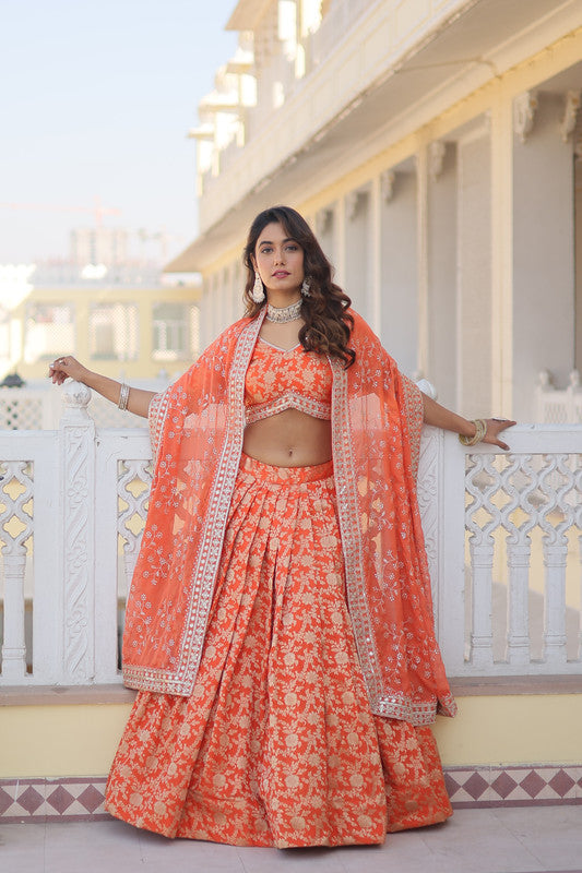 Women's Georgette Orange Lehenga Set - Aastha Fashion