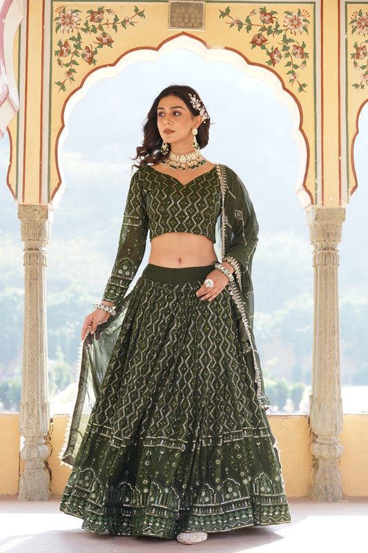 Women's Georgette Blue,Mustard,Bottle Green Lehenga Set - Aastha Fashion