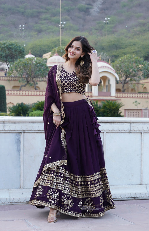 Women's Georgette Wine Lehenga Set - Aastha Fashion