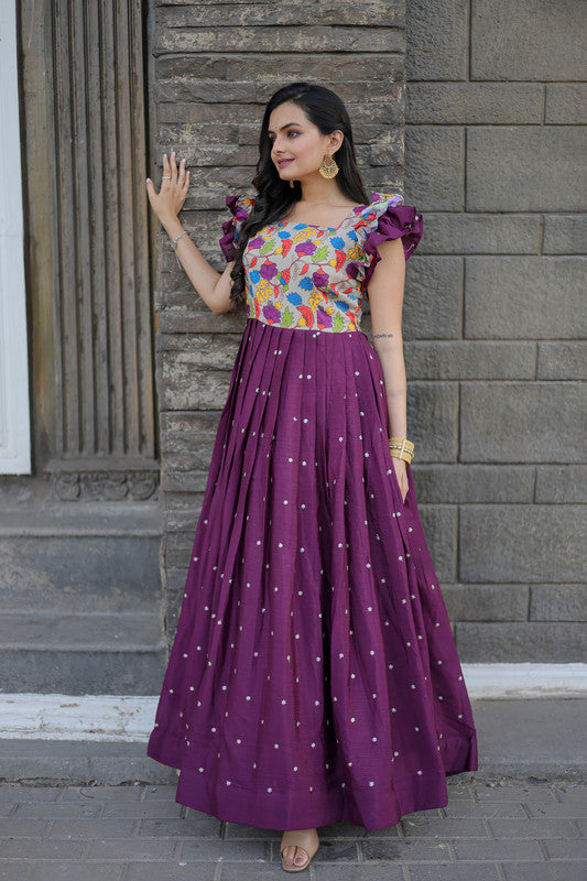 Women's Wine Chinon Anarkali Dress - Aastha Fashion