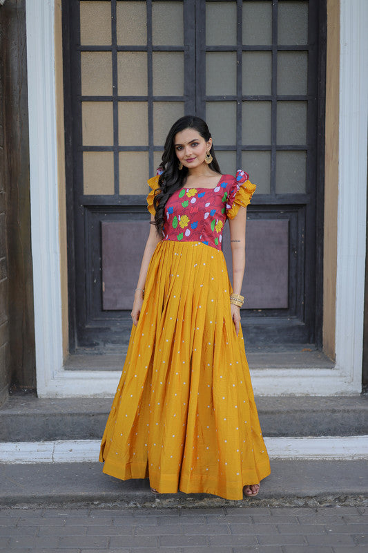 Women's Yellow Chinon Anarkali Dress - Aastha Fashion