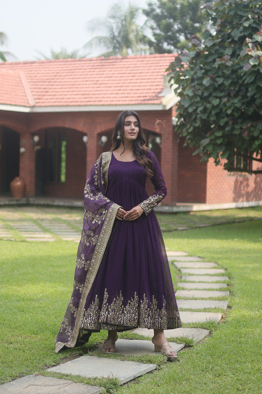 Women's Purple Multi-Sequins Georgette Anarkali With Dupatta - Aastha Fashion