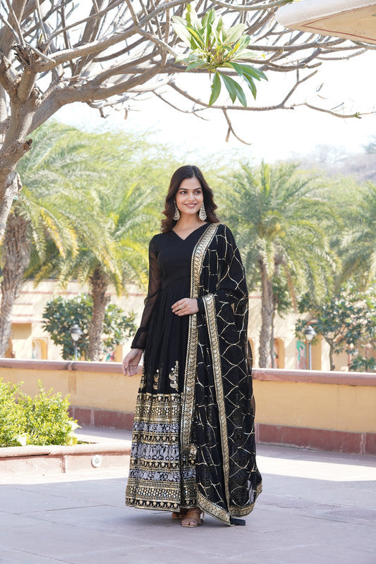 Women's Black Faux Blooming Anarkali With Dupatta - Aastha Fashion