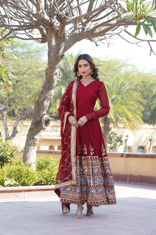 Women's Maroon Faux Blooming Anarkali With Dupatta - Aastha Fashion