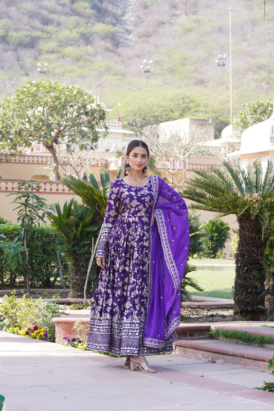 Women's Purple Viscose Diable Jacquard Anarkali With Dupatta - Aastha Fashion