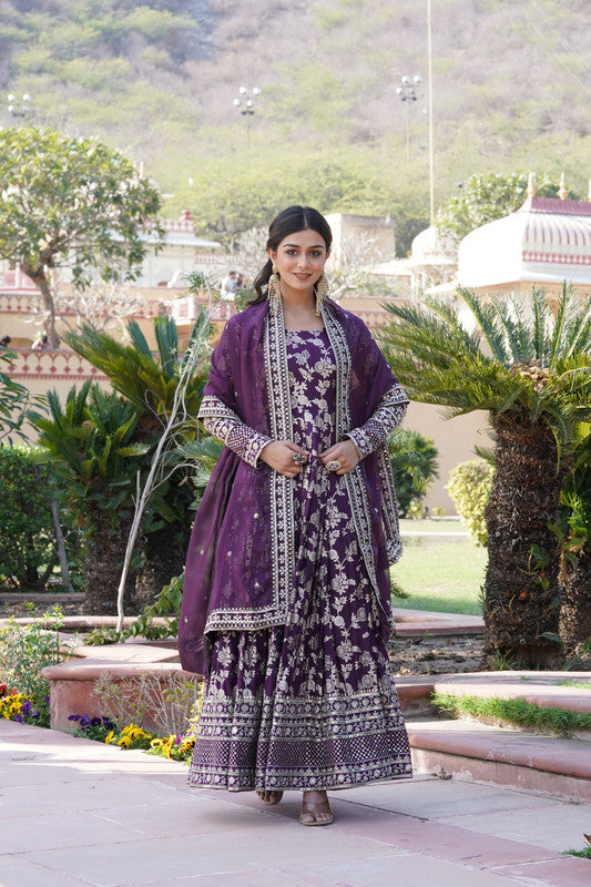 Women's Wine Viscose Diable Jacquard Anarkali With Dupatta - Aastha Fashion