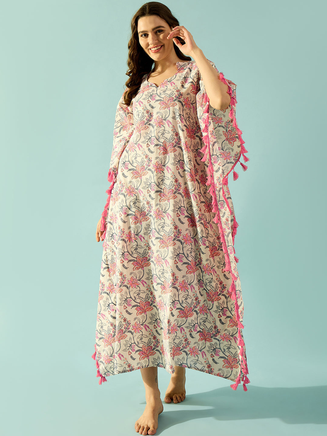 Women's White Knit Cotton Micro Print Sleep Wear - The Kaftan Company