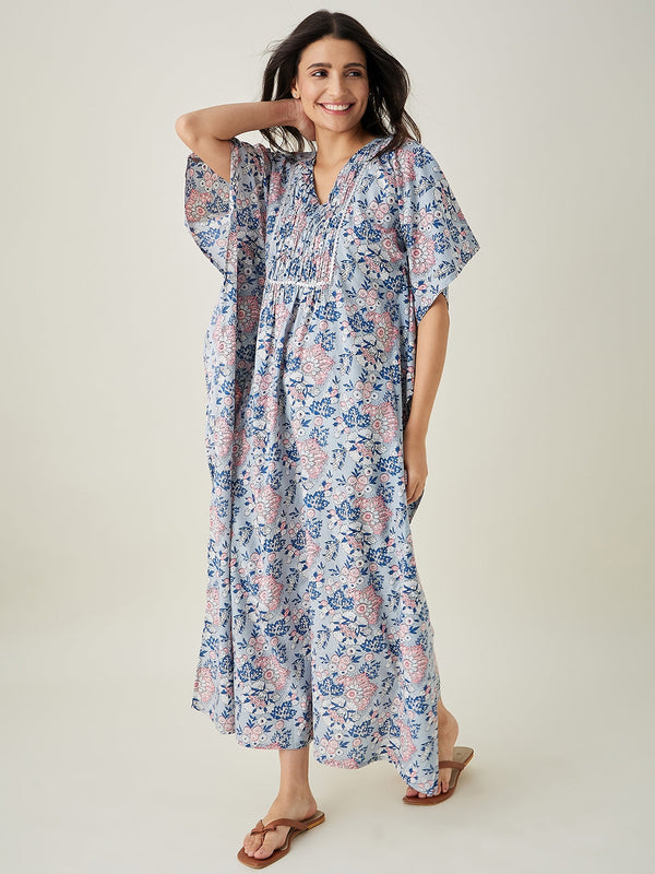 Women's Pastel Blue Floral Cotton Kaftan - The Kaftan Company