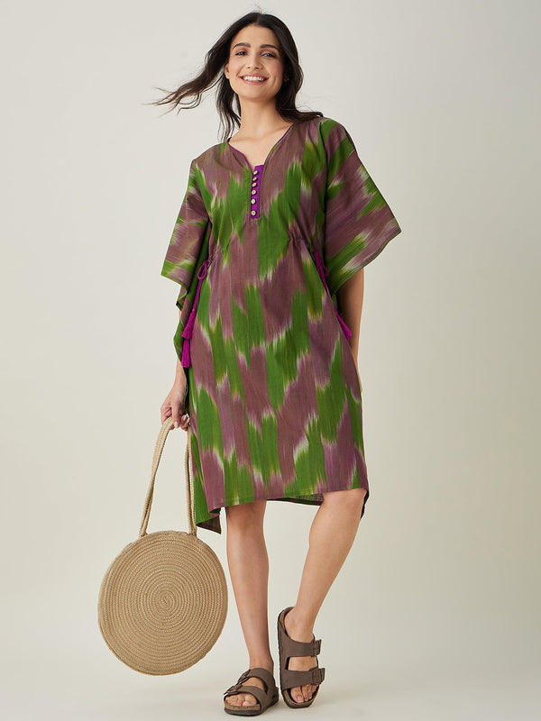 Women's Green Handloom Ikat Weave Cotton Kaftan - The Kaftan Company