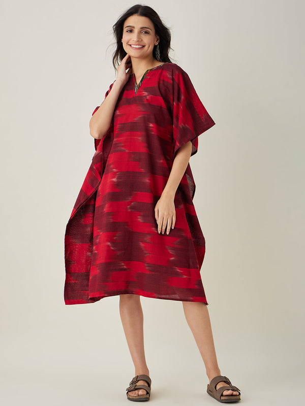 Women's Red Handloom Ikat Weave Cotton Kaftan - The Kaftan Company