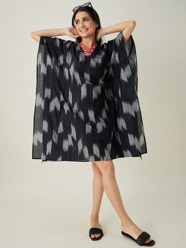 Women's Black Handloom Ikat Weave Cotton Kaftan - The Kaftan Company