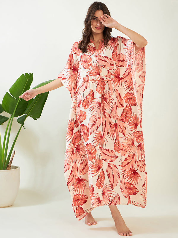 Women's Peach Tropical Cotton Tie Up Kaftan - The Kaftan Company