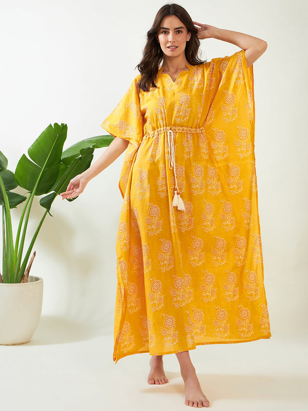 Women's Sunshine Serene Handblock Cotton Kaftan - The Kaftan Company