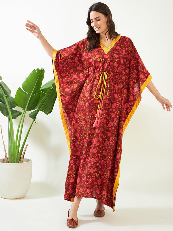 Women's Red Floral Bloom Handblock Cotton Kaftan - The Kaftan Company