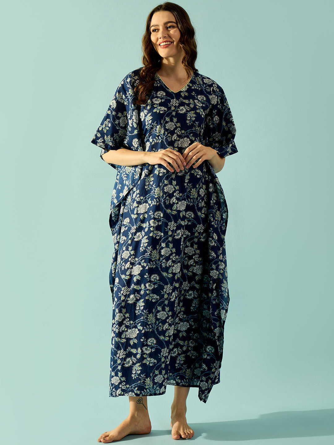 Women's Navy Blue Knit Cotton Floral Sleep Wear - The Kaftan Company