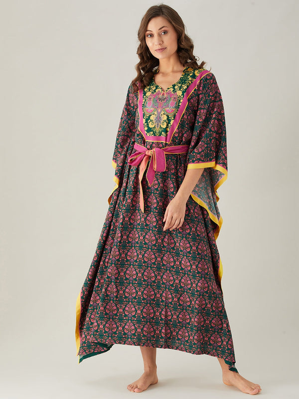 Women's Floral Yoke Soft Modal Kaftan With Belt - The Kaftan Company