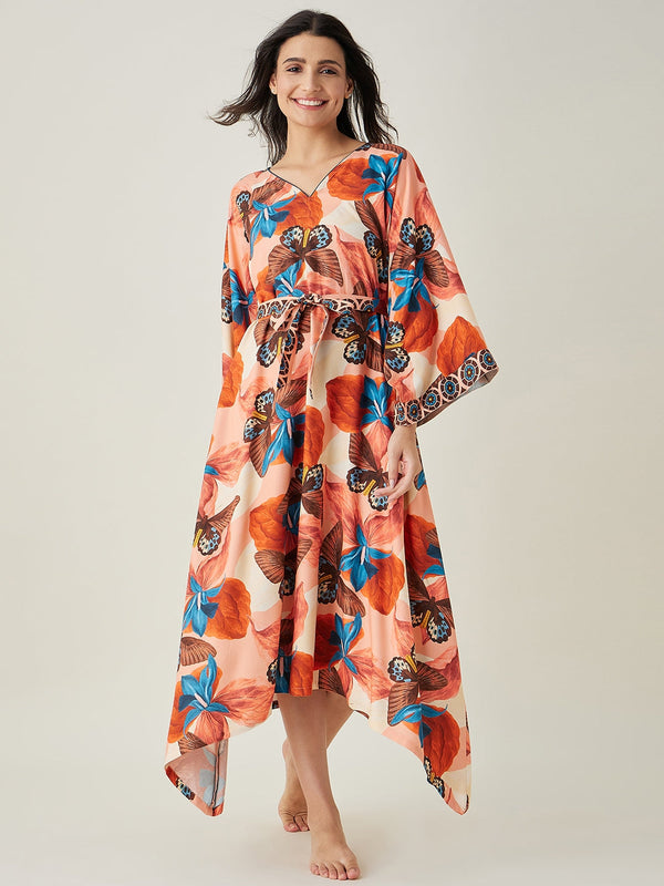 Women's Pink Butterfly Maxi Loungedress - The Kaftan Company