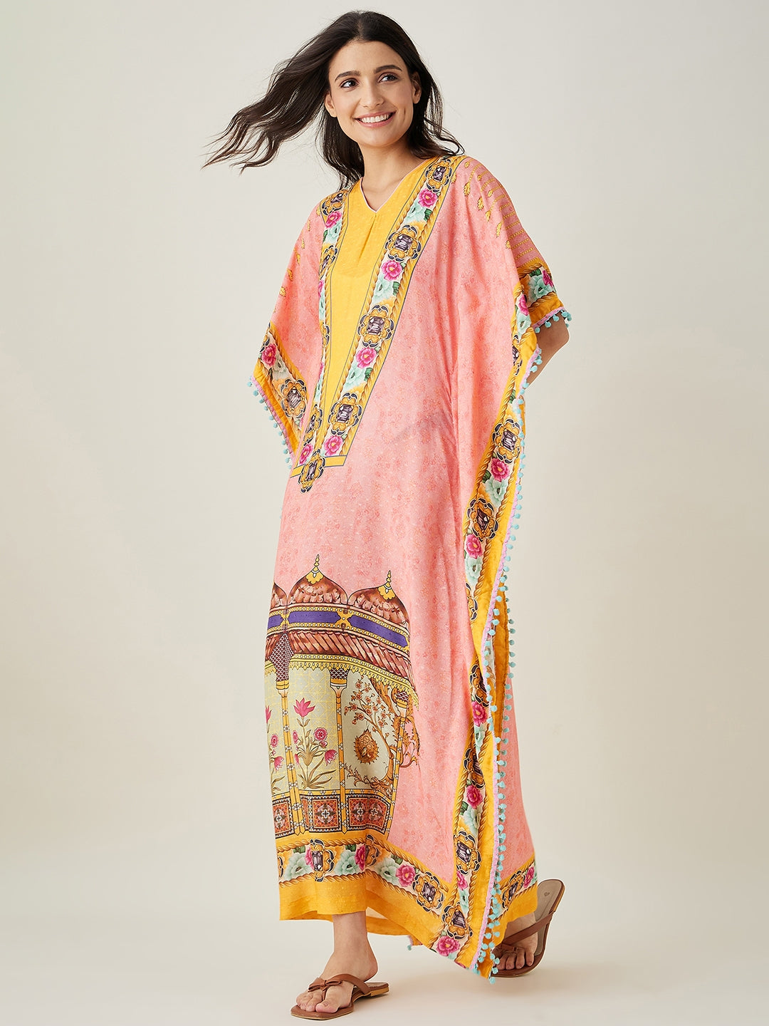 Women's Pink And Orange Ornate Floral Kaftan - The Kaftan Company