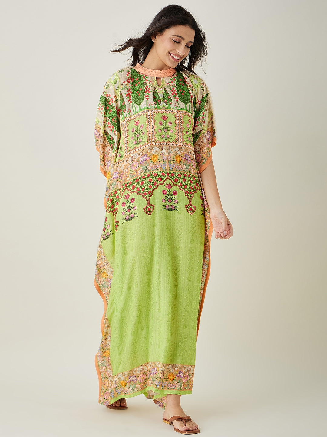 Women's Green Peach Serenade Printed Kaftan - The Kaftan Company