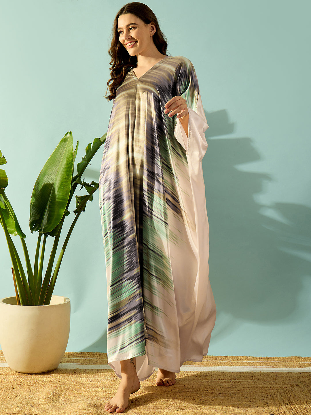 Women's Beige Satin Abstract Sleep Wear - The Kaftan Company