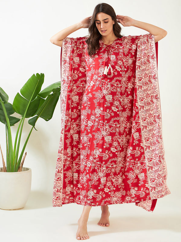 Women's Red Floral Elegant Kaftan  - The Kaftan Company