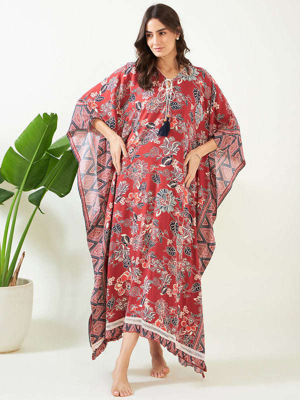 Women's Maroon Blossom Elegant Kaftan  - The Kaftan Company