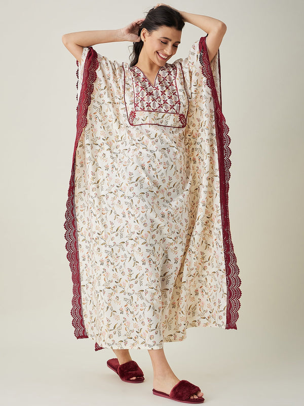 Women's White Floral Embroidered Maxi Kaftan - The Kaftan Company