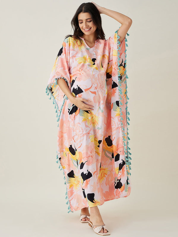 Women's Pink Abstract Floral Maternity Kaftan - The Kaftan Company