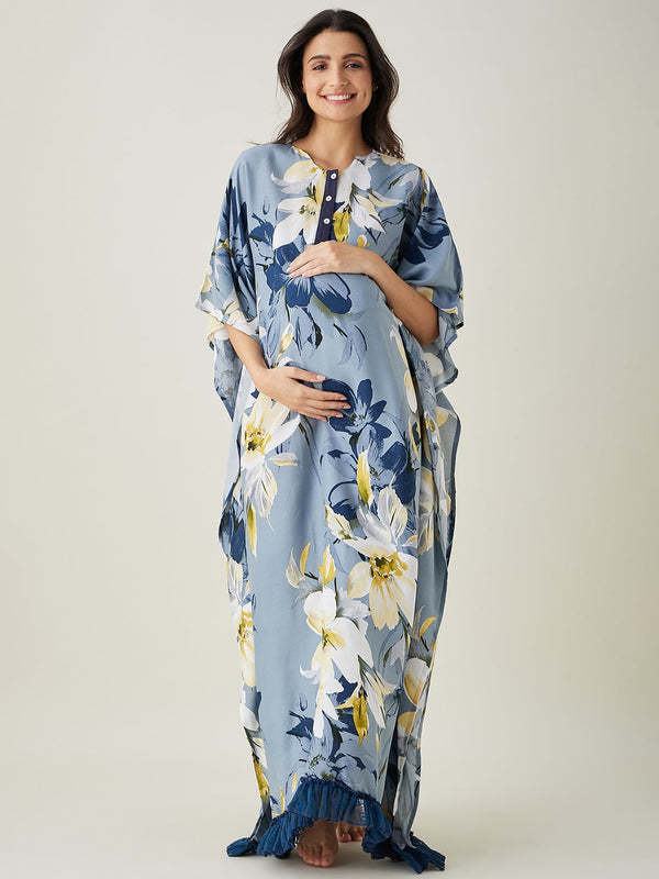 Women's  Blue Floral Laced Up Nursing Kaftan - The Kaftan Company