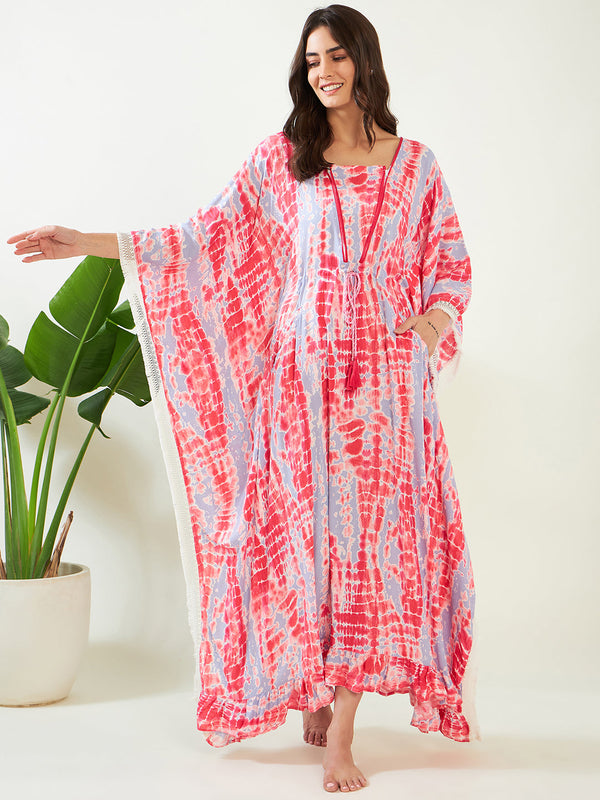 Women's Pink Shibori Ruffled Nursing Kaftan - The Kaftan Company