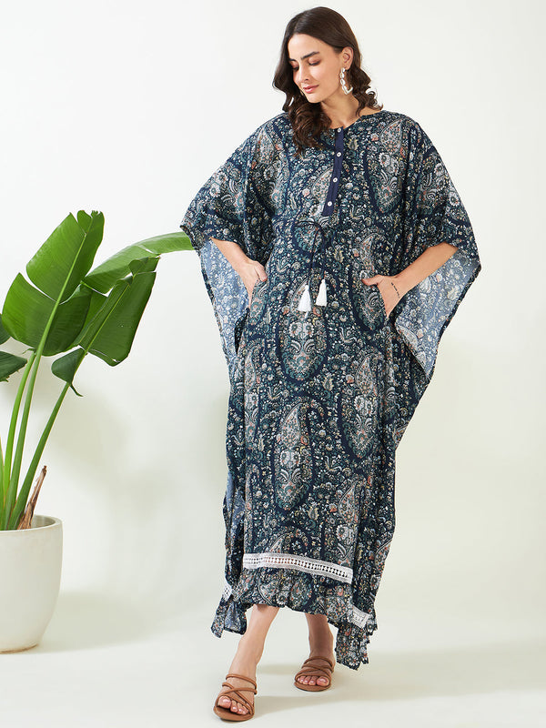 Women's Blue Paisley Ruffled Maternity Nursing Kaftan - The Kaftan Company