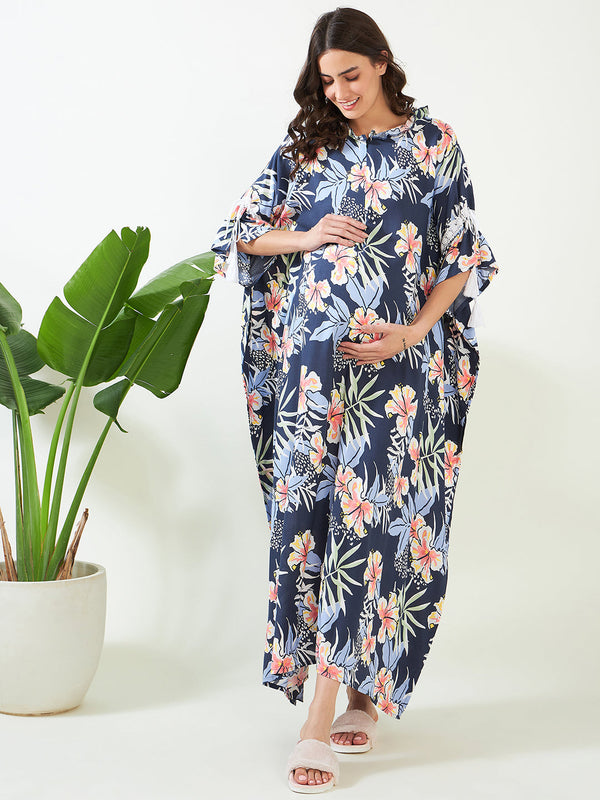 Women's Navy Blooms Maternity And Feeding Kaftan - The Kaftan Company