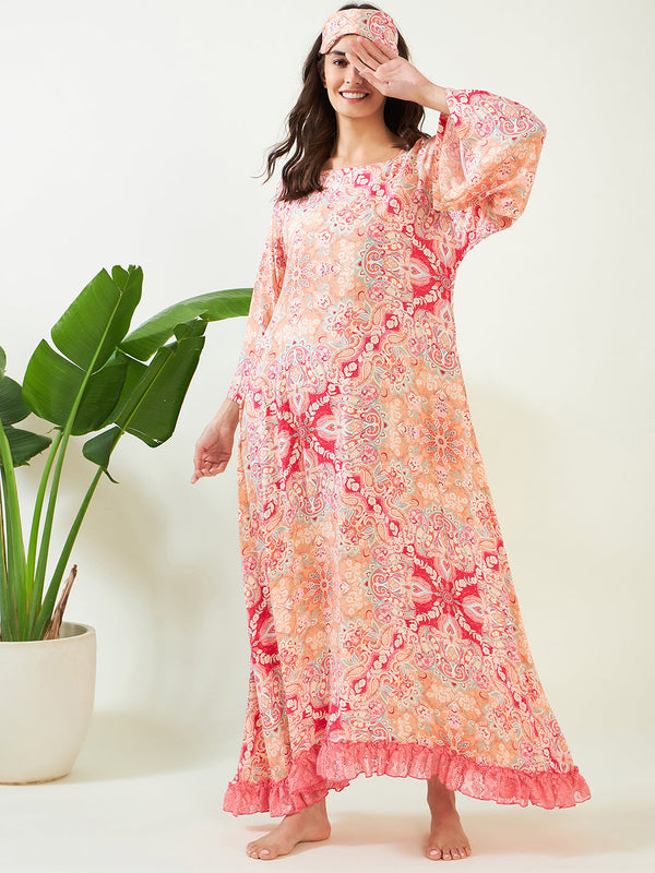 Women's Peach Abstract Printed Laced Nightdress - The Kaftan Company