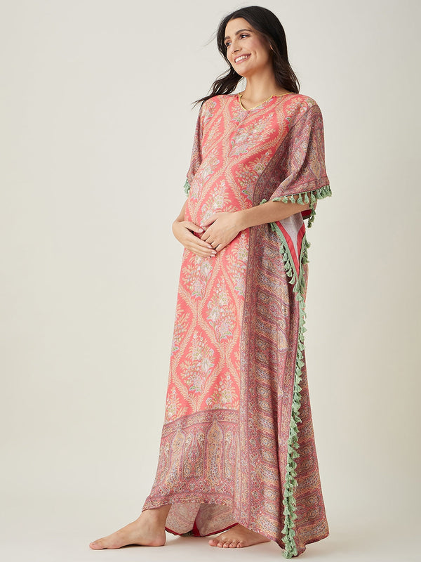 Women's Scarlet  Maternity Kaftan with Intricate Motifs - The Kaftan Company