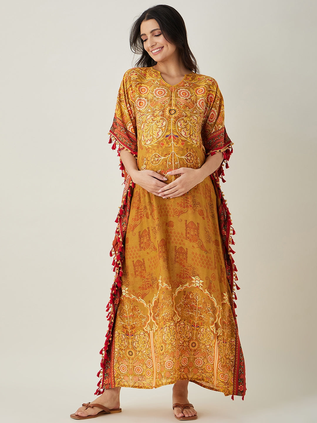 Women's Mustard Intricate Floral Printed  Maternity Kaftan  - The Kaftan Company