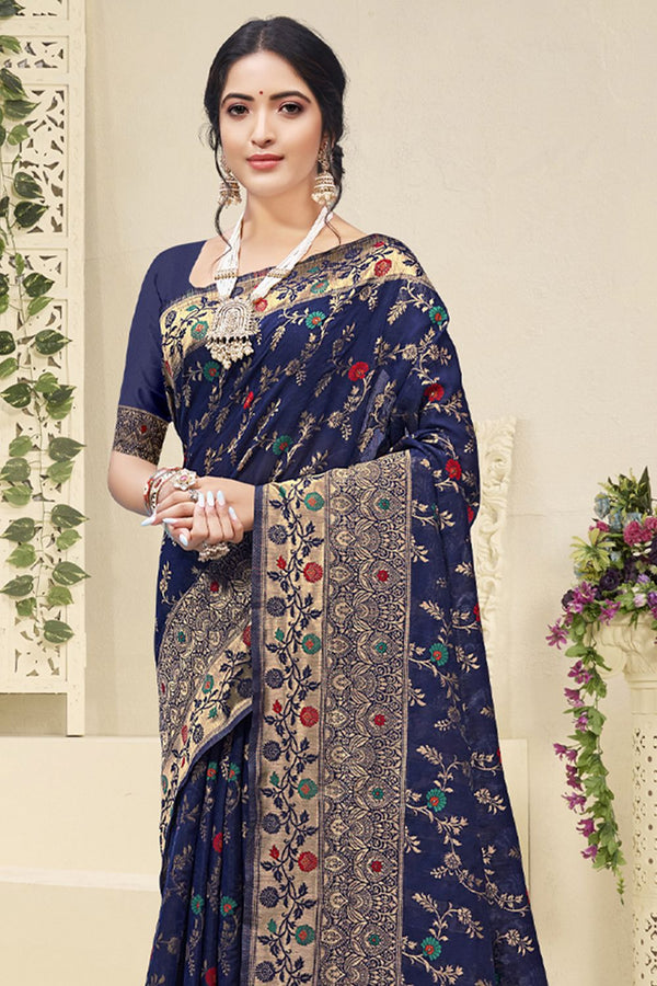 Women's Navy Blue Cotton Woven Zari Work Traditional Tassle Saree - Sangam Prints