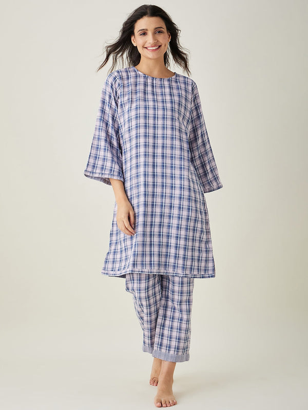 Women's Pink Checks Reversible Top Cotton Pyjama Set - The Kaftan Company