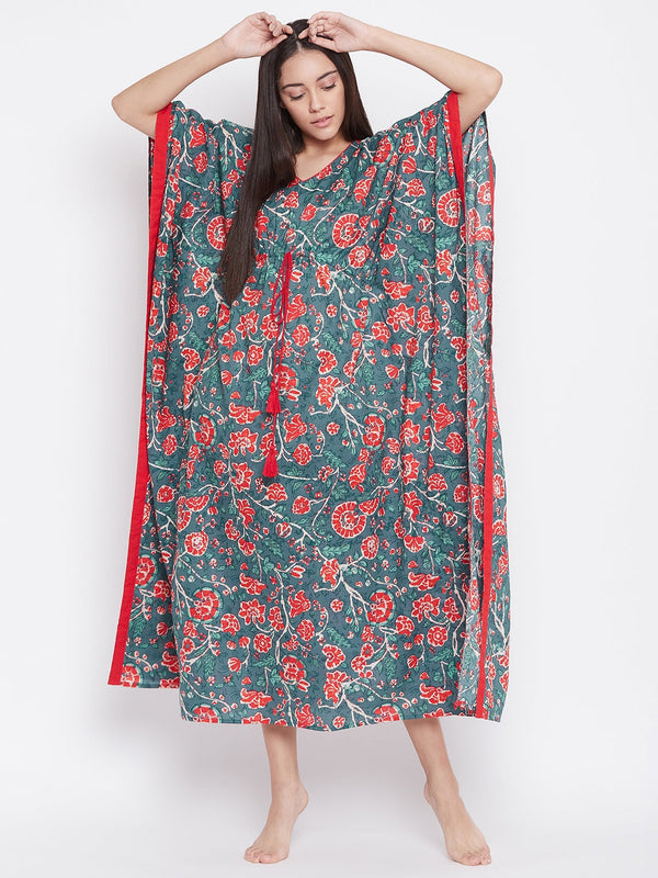 Women's Blue Block Printed Loungewear Kaftan - The Kaftan Company