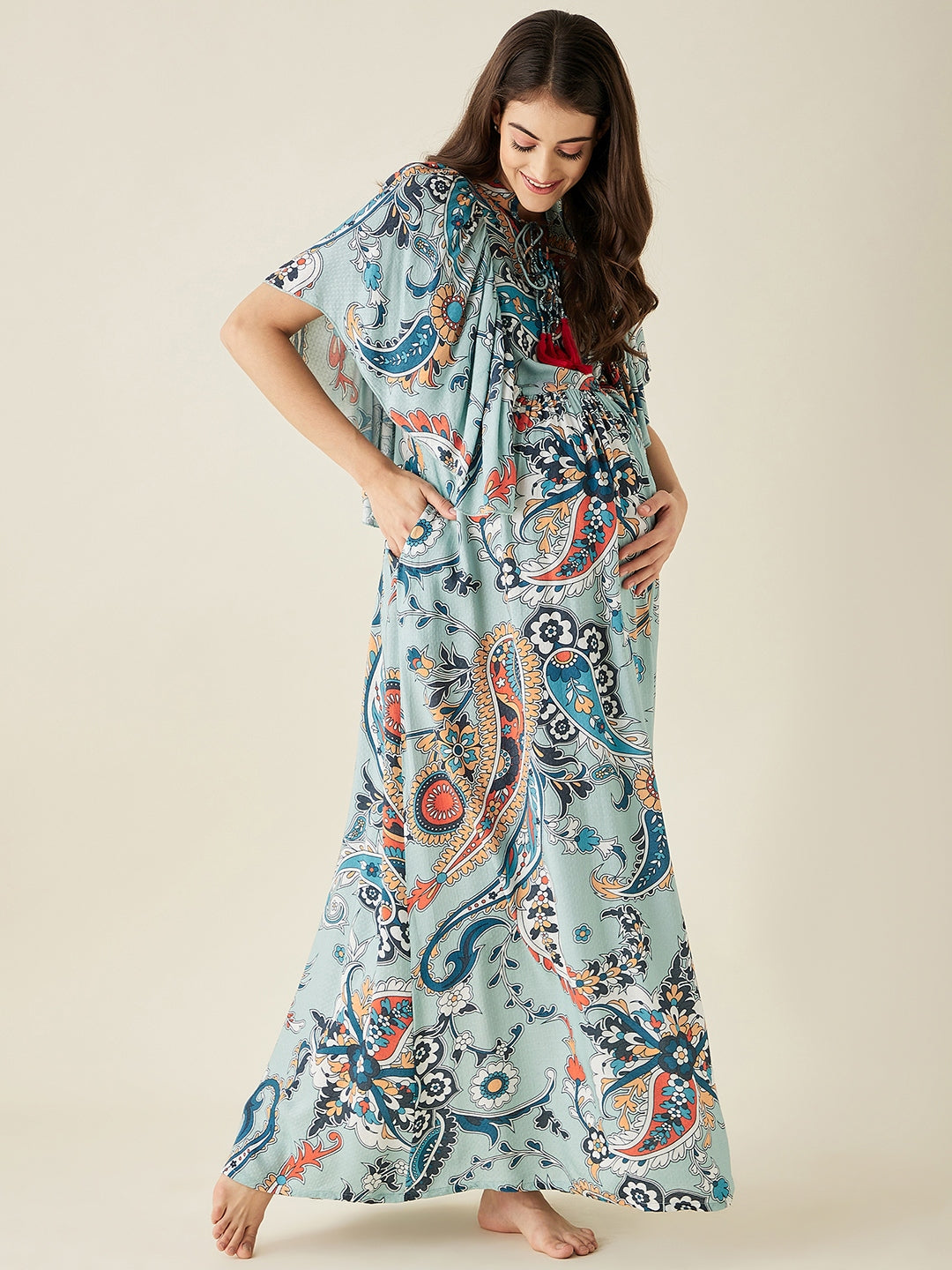 Blue Paisley Printed Maternity Lounge Dress - The Kaftan Company