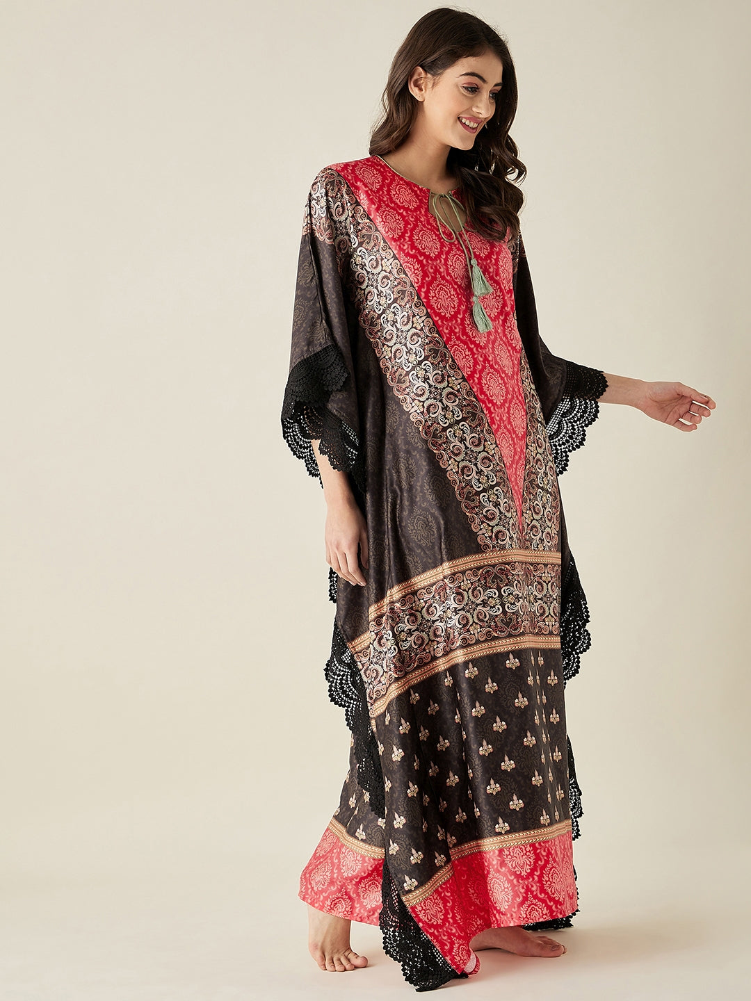 Red Satin Ethnic Motif Printed Kaftan Night Dress - The Kaftan Company