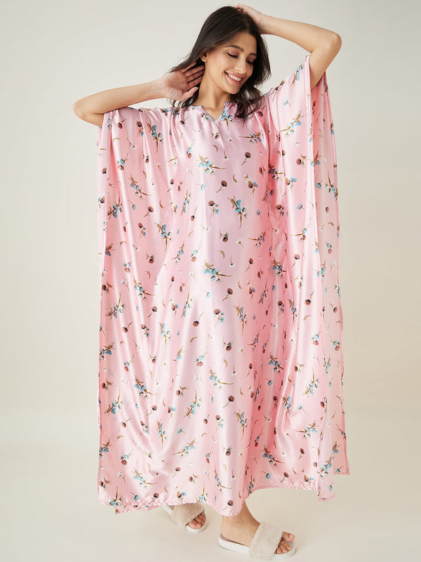 Women's Pink Floral Printed Satin Kaftan - The Kaftan Company