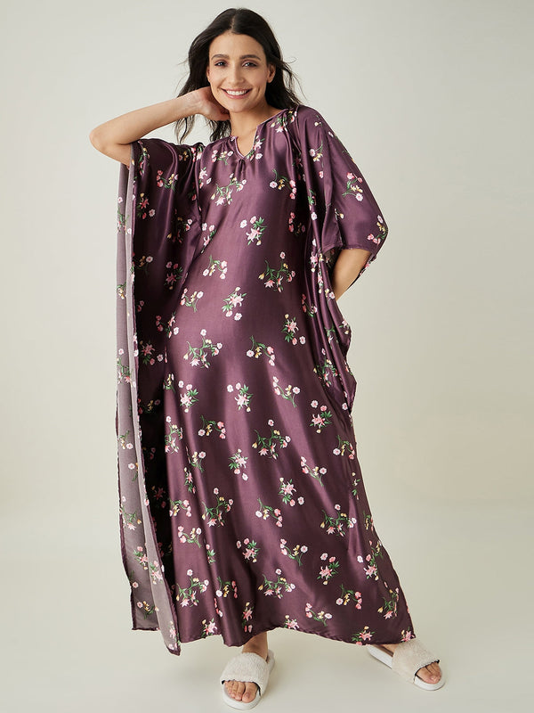 Women's Brown Floral Printed Satin Kaftan - The Kaftan Company