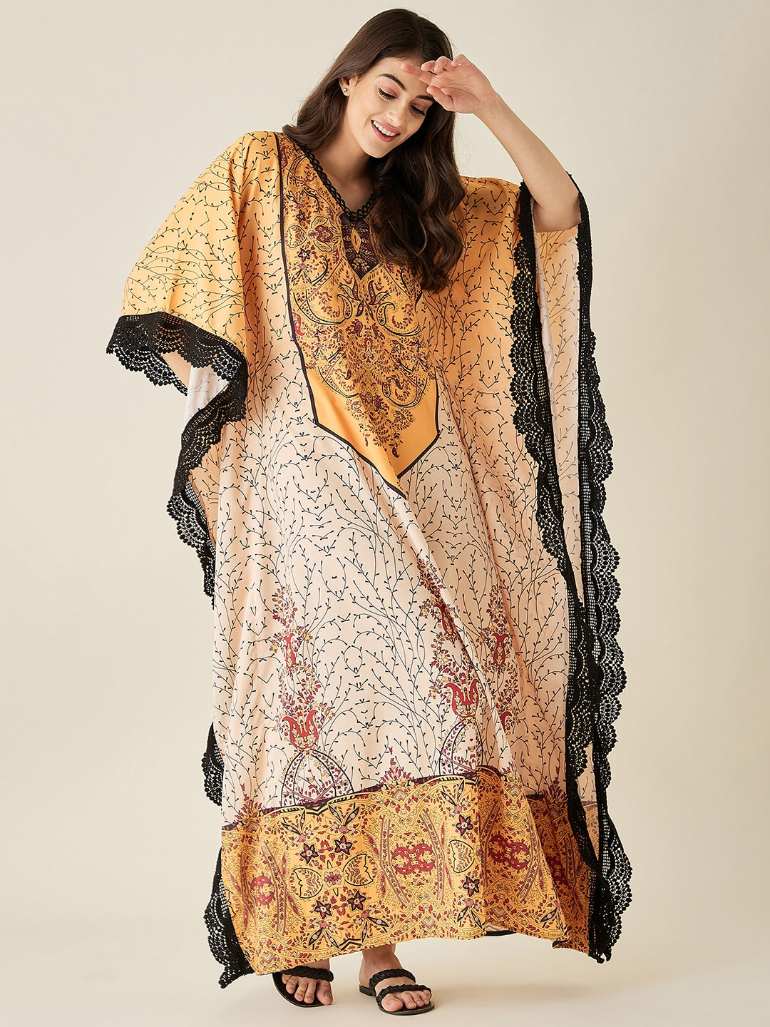 Yellow Flora And Fauna Printed Kaftan Nightress - The Kaftan Company