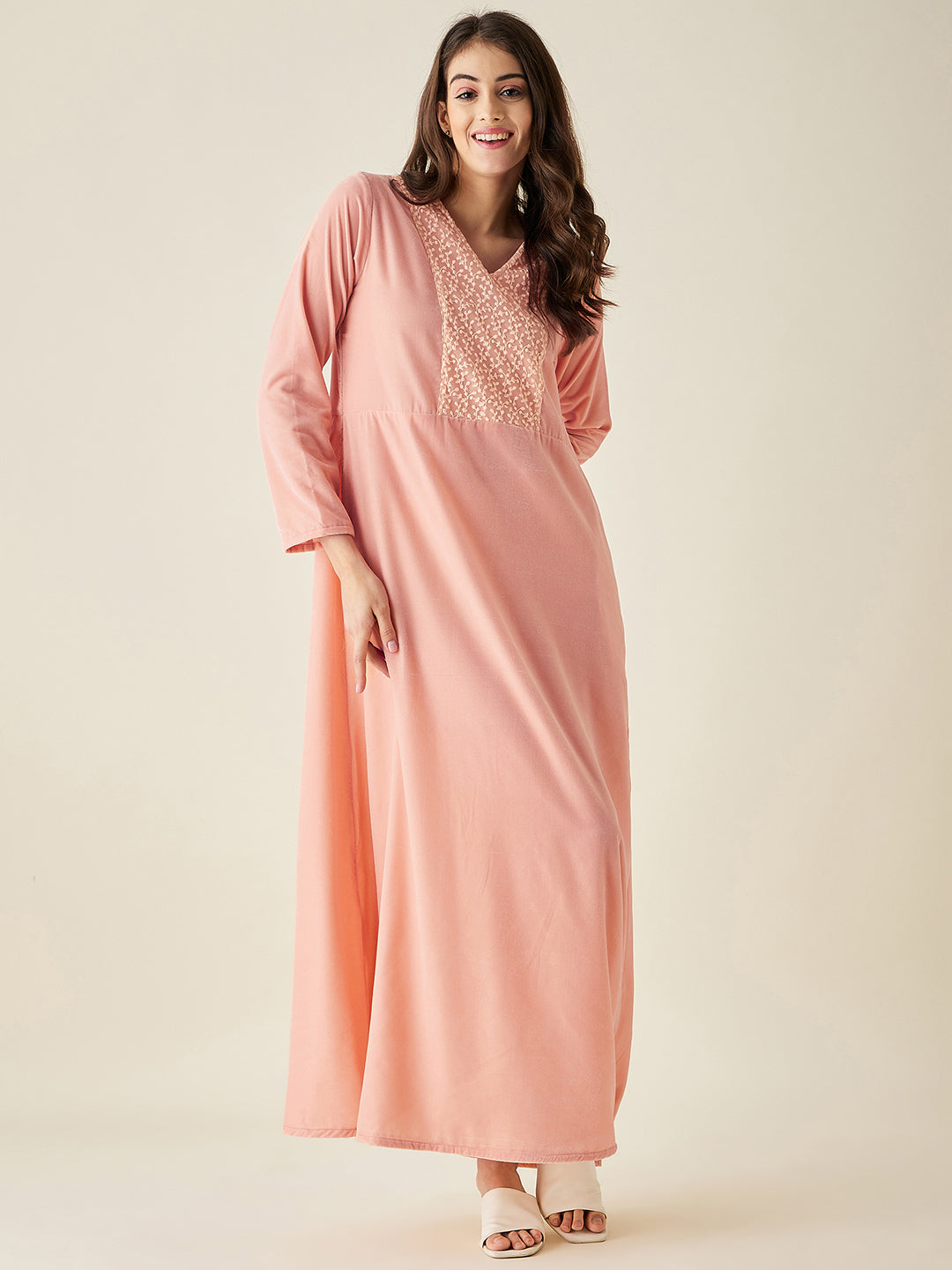 Peach Velvet Nightdress With Lace - The Kaftan Company