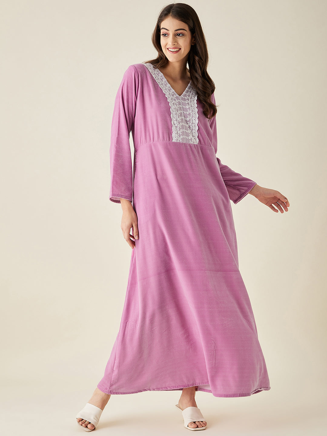 Lavender Velvet Nightdress With Lace - The Kaftan Company