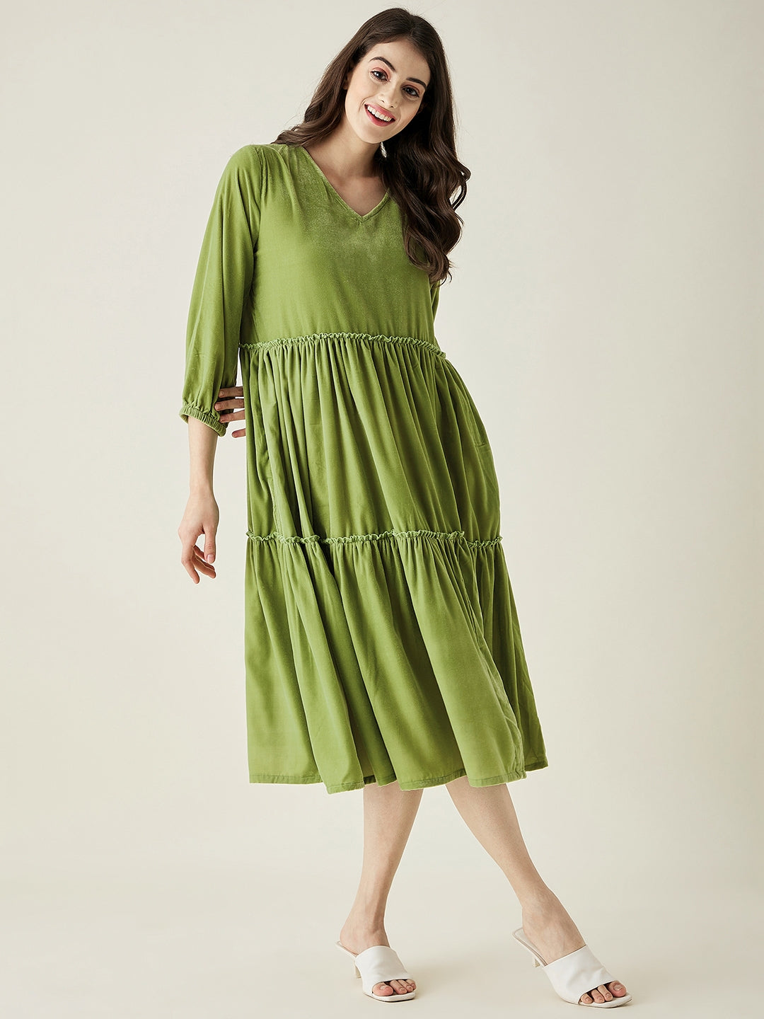 Olive Velvet Layered Midi Loungedress  - The Kaftan Company