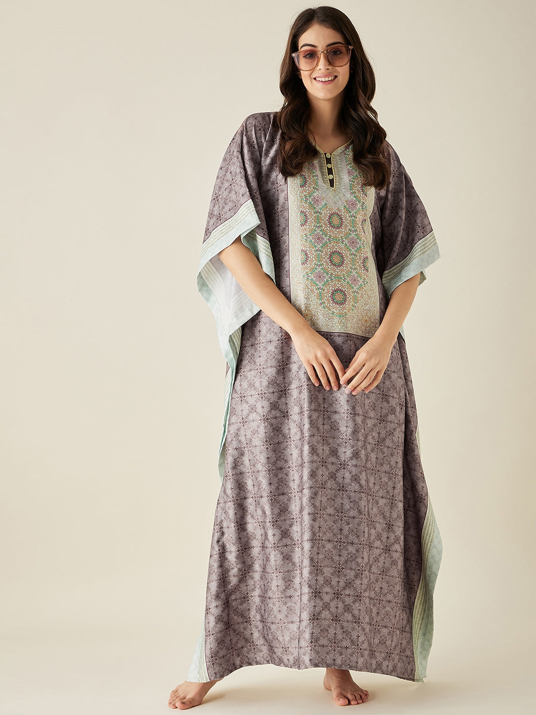 Brown Ethnic Motif Printed Satin Kaftan - The Kaftan Company