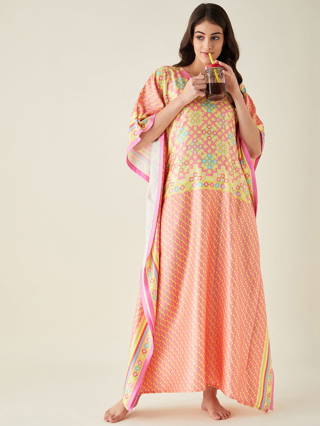 Pink Geometric Printed Satin Kaftan - The Kaftan Company