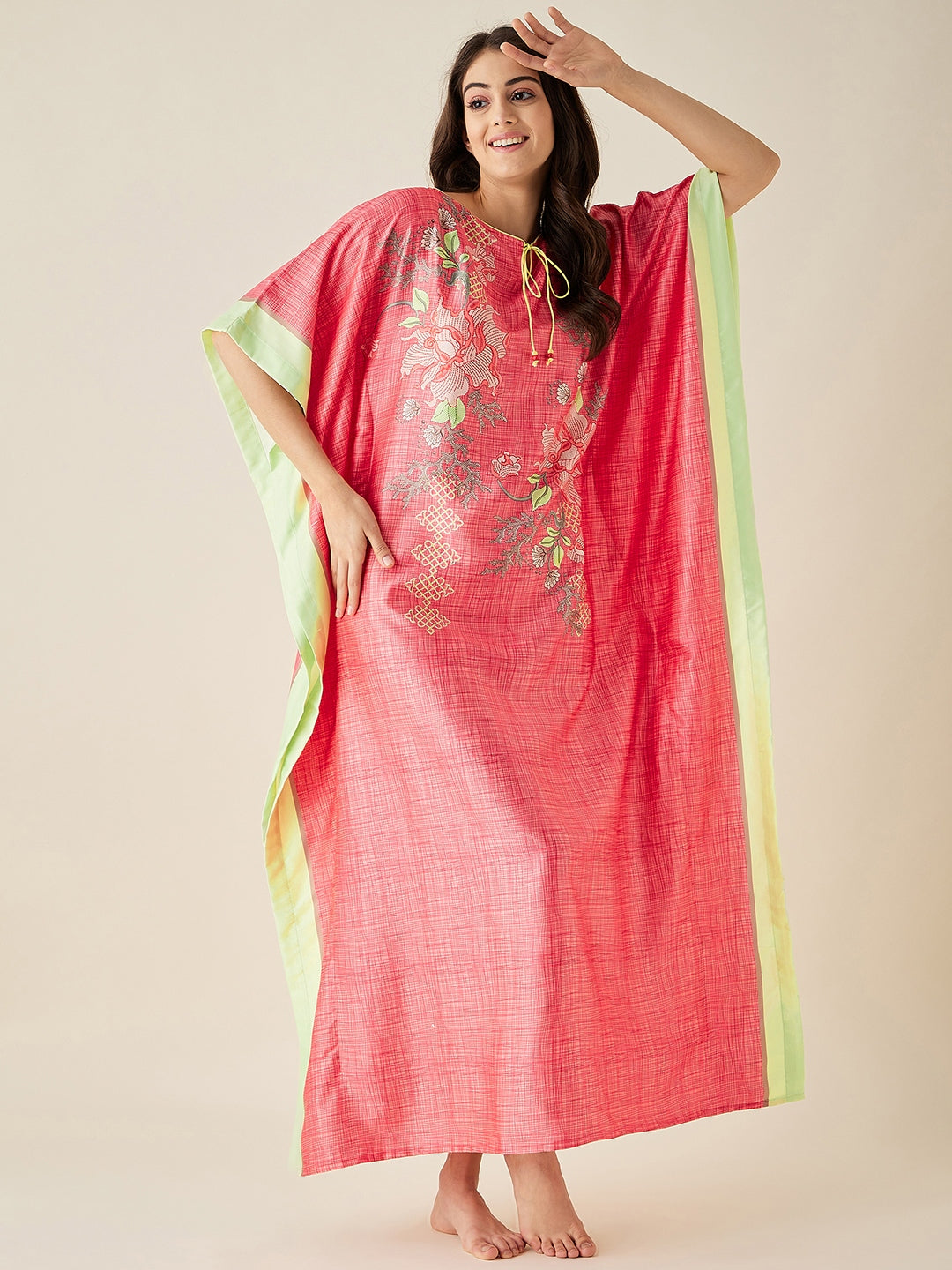 Coral Floral Printed Satin Kaftan - The Kaftan Company